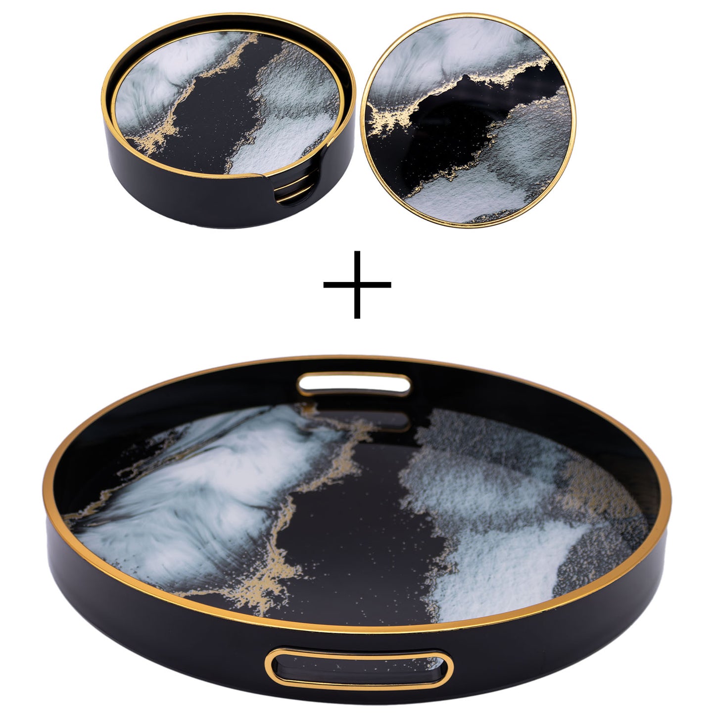 Round Black Abstract Tray and Drink Coasters Set