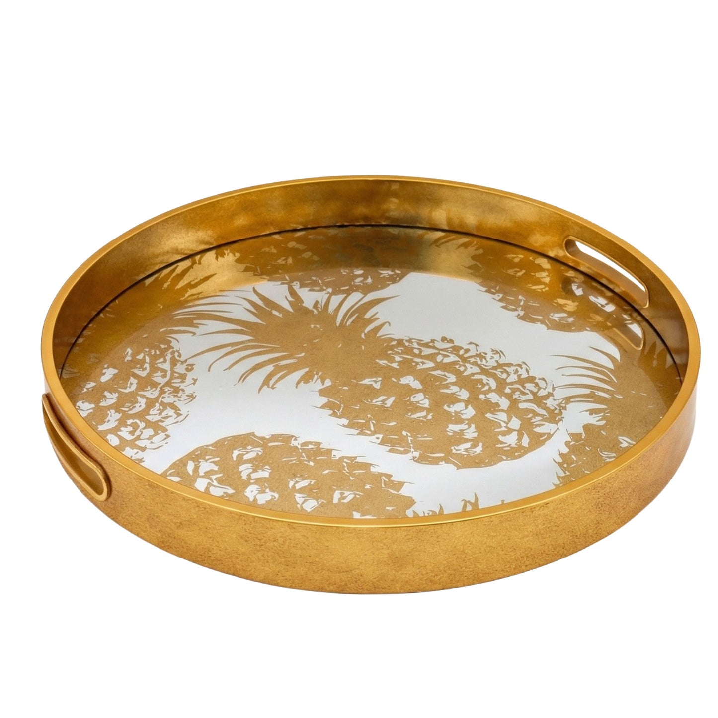 Gold decorative tray with pineapple design on a white background