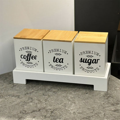 White Tea, Coffee & Sugar Canisters (Set of 3) with Bamboo Lids & Stand