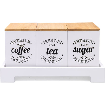 White Tea, Coffee & Sugar Canisters (Set of 3) with Bamboo Lids & Stand