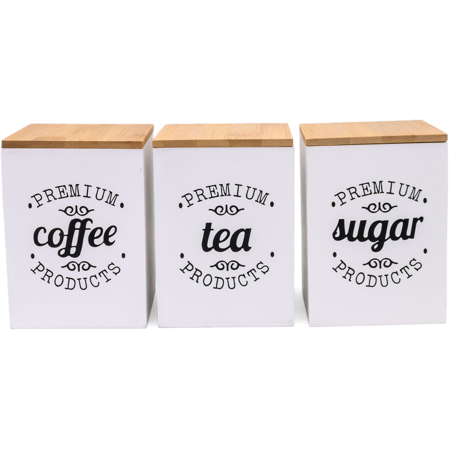 White Tea, Coffee & Sugar Canisters (Set of 3) with Bamboo Lids & Stand