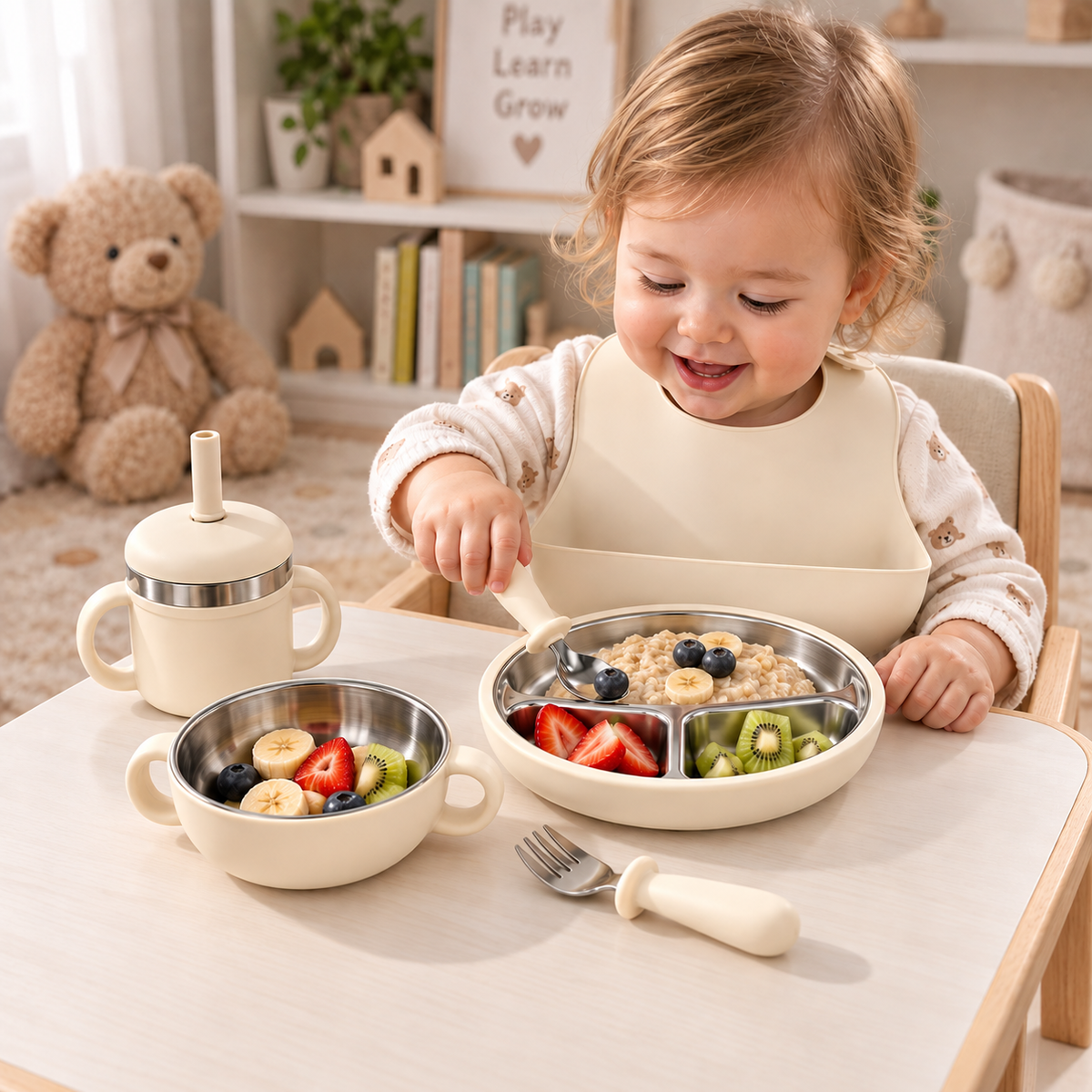 Baby Feeding & Weaning Set with Stainless Steel Plate, Bowl, Bib, Cup & Cutlery