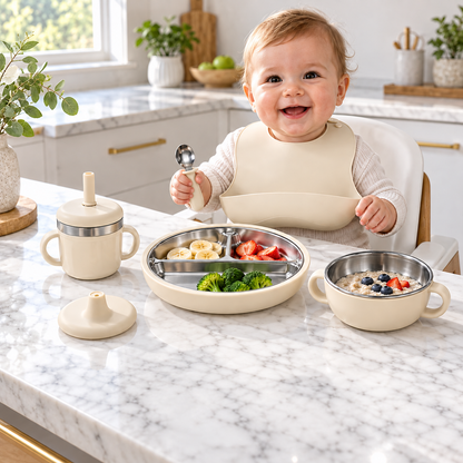 Baby Feeding & Weaning Set with Stainless Steel Plate, Bowl, Bib, Cup & Cutlery