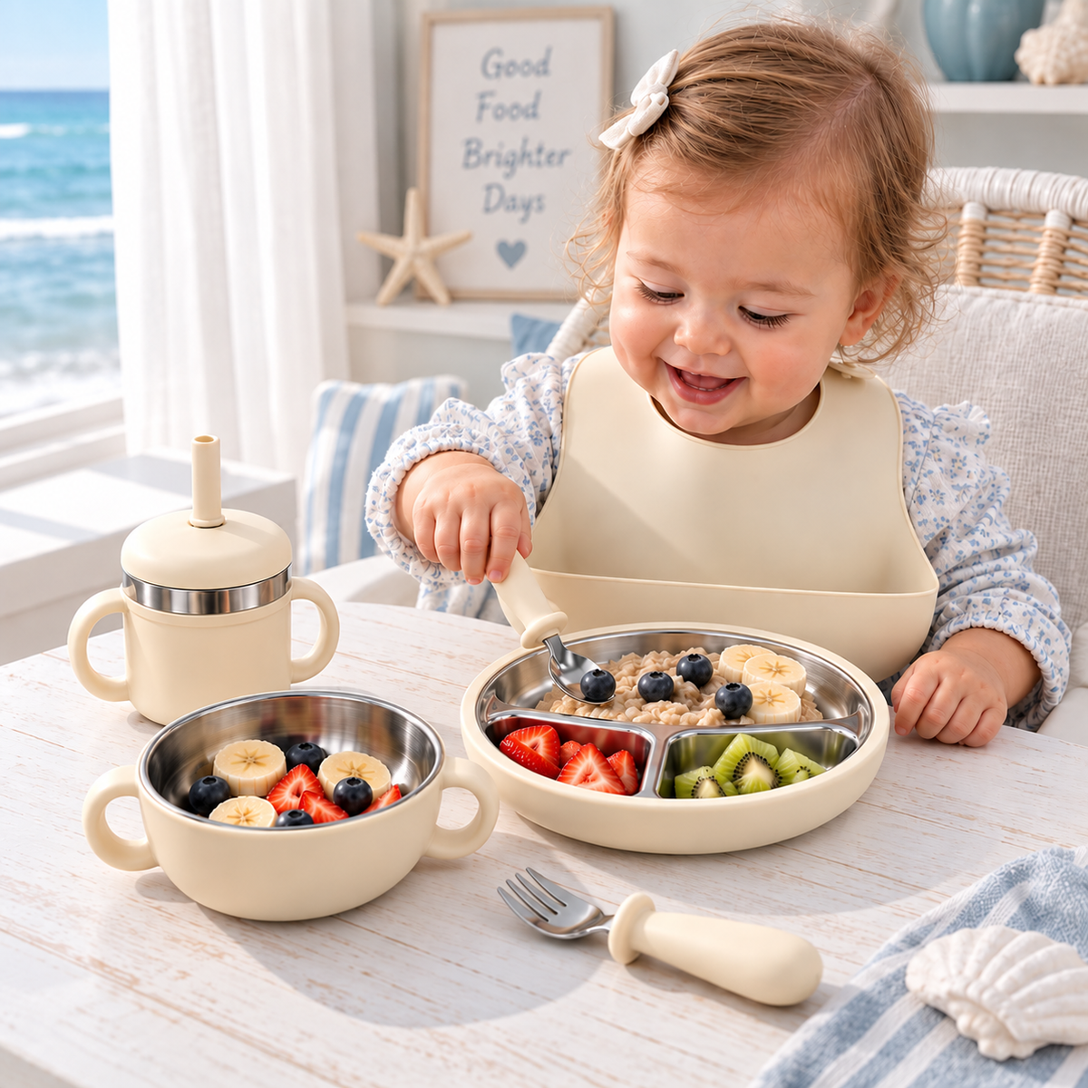 Baby Feeding & Weaning Set with Stainless Steel Plate, Bowl, Bib, Cup & Cutlery
