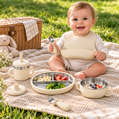 Baby Feeding & Weaning Set with Stainless Steel Plate, Bowl, Bib, Cup & Cutlery
