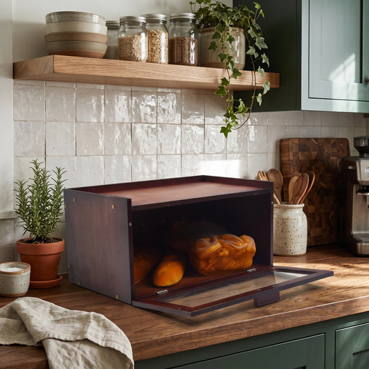 A wooden bread box with a glass door and dark reddish-brown interior, shown open with bread inside on a kitchen counter. The scene includes a tiled backsplash, shelf with jars and plants, utensils, and a coffee maker, making this a lifestyle product shot.