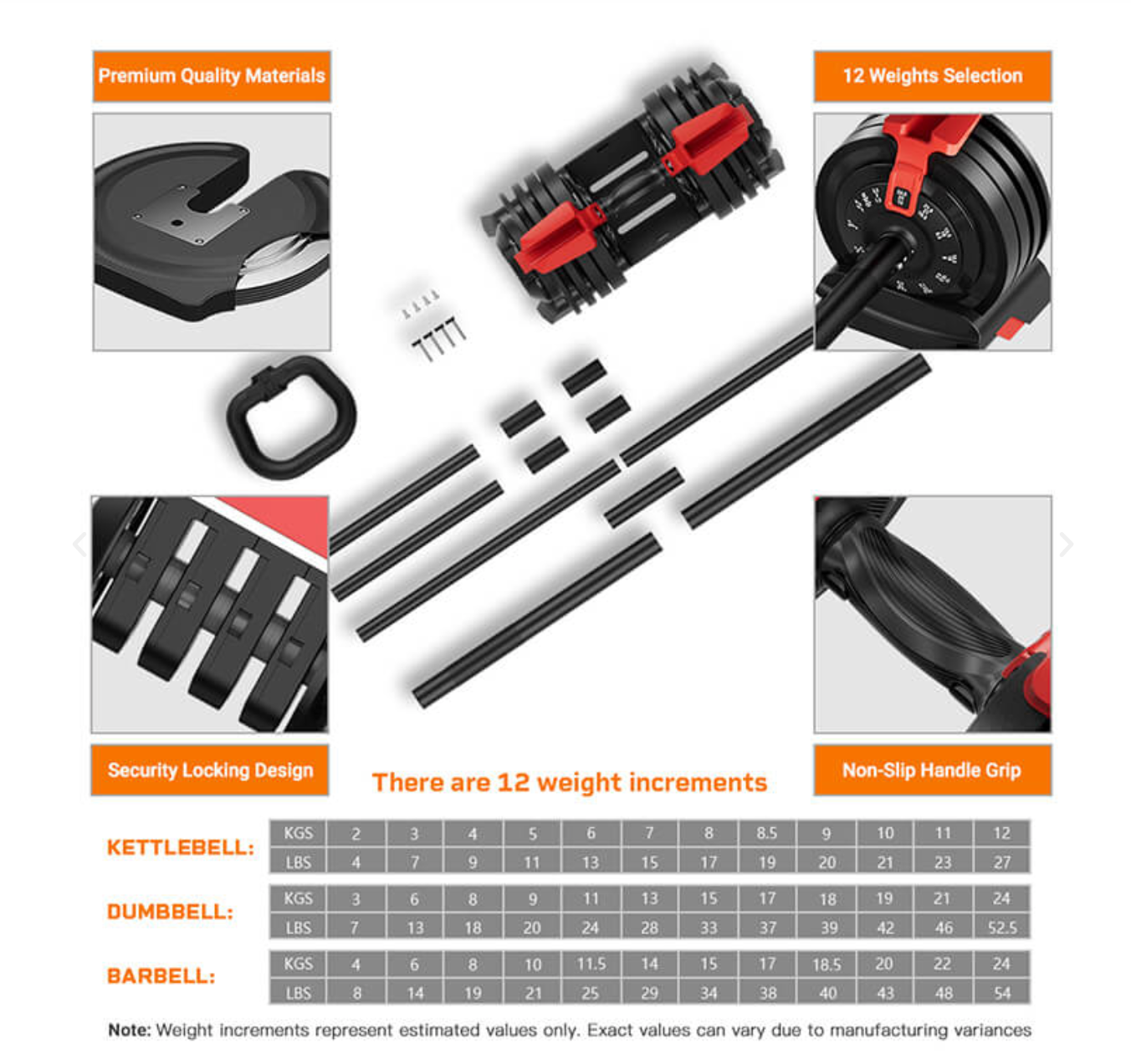 Quick Select Adjustable 3 in 1 Dumbbell Barbell Kettlebell Pair Set (2kg - 24kg) x2